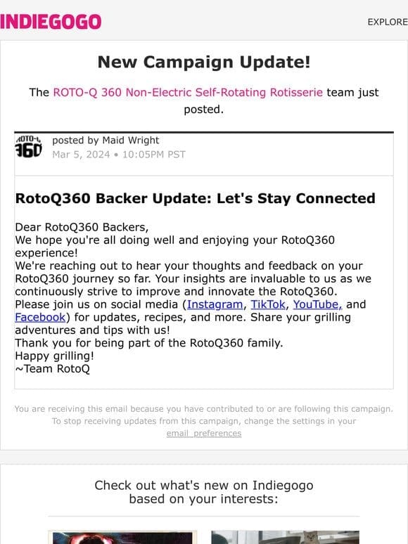 Update #30 from ROTO-Q 360 Non-Electric Self-Rotating Rotisserie