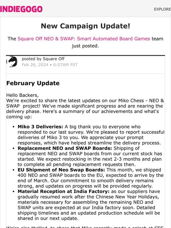 Update #50 from Square Off NEO & SWAP: Smart Automated Board Games