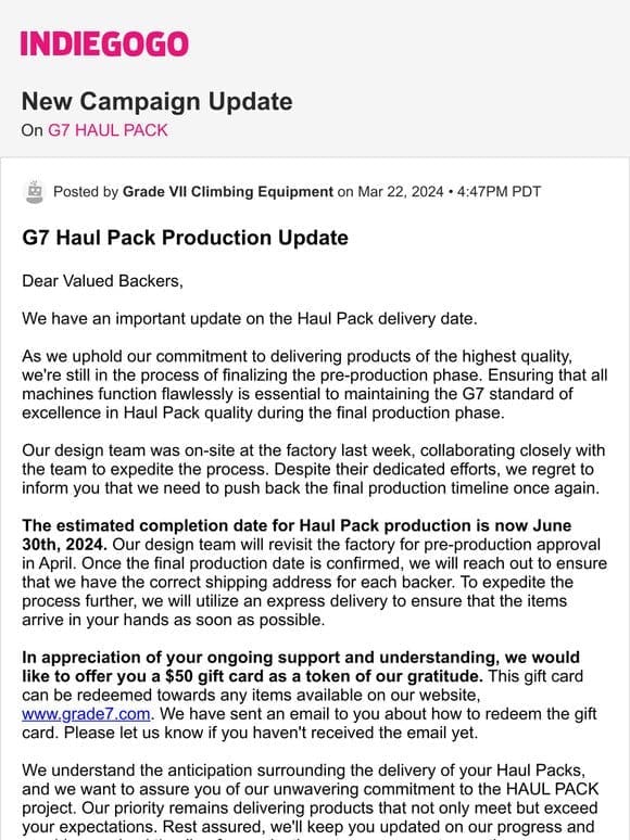 Update #9 from G7 HAUL PACK