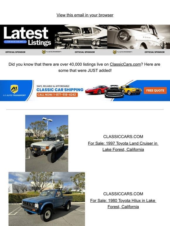 Your next set of wheels just came in. Check listings on ClassicCars.com.