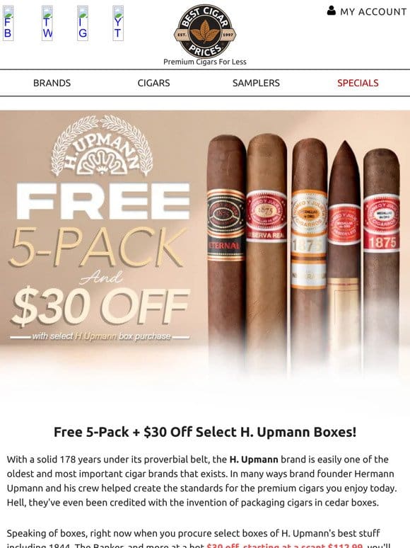 ✴️ Free 5-Pack + $30 Off Select H. Upmann Boxes ✴️