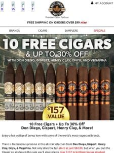 10 Free Cigars + Up To 30% Off Don Diego， Gispert， Henry Clay， Onyx， & VegaFina
