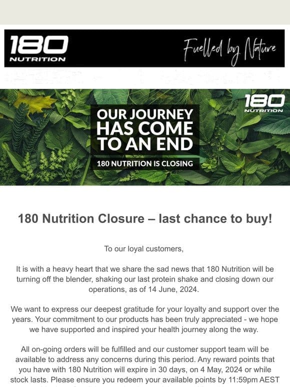 180 Nutrition Closure – last chance to buy!
