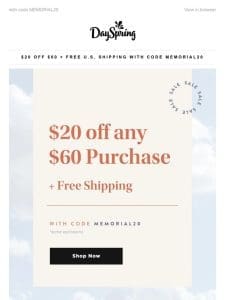$20 Off $60 plus FREE Shipping