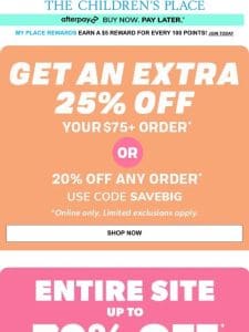 Ends Soon: Extra 25% OFF your $75+ order， up to 70% OFF SITEWIDE SAVINGS!