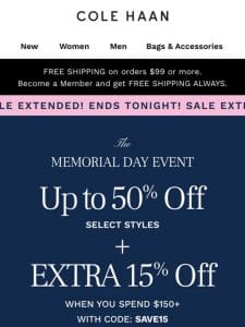 Extended: Up to 50% off ends tonight