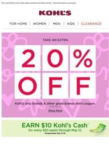 Get 20% off! Here comes the Kohl’s Cash