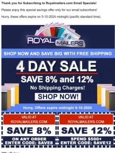 Huge Sitewide Sale Now at Royalmailers.com – Save up to 12% with free shipping!