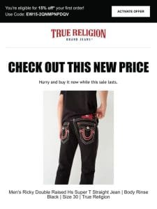 Price drop! The Men’s Ricky Double Raised Hs Super T Straight Jean | Body Rinse Black | Size 30 | True Religion is now on sale…