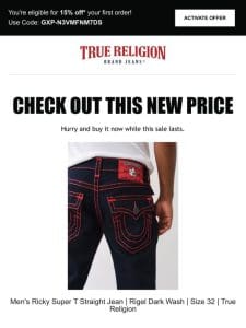 Price drop! The Men’s Ricky Super T Straight Jean | Rigel Dark Wash | Size 32 | True Religion is now on sale…