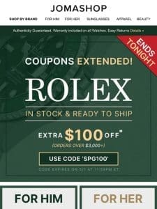 ROLEX: Extra $100 Off (Ends Tonight!)