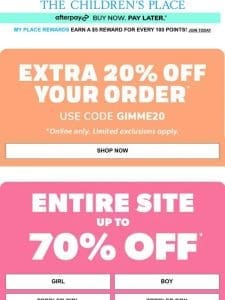 SITEWIDE SAVINGS: up to 70% OFF | Plus， EXTRA 20% off your ENTIRE order w/code GIMME20!