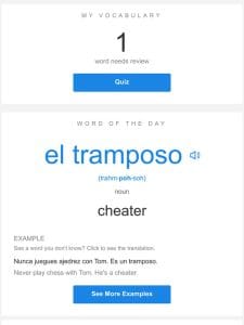 SpanishDictionary.com Daily Lesson — Review Your Words and Learn “el tramposo”