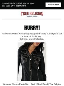 The Women’s Western Poplin Shirt | Black | Size X Small | True Religion is back! Limited quantity!