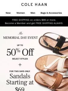 Two days only: Sandals starting at $69