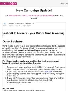 Update #38 from Mudra Band – Touch Free Control for Apple Watch