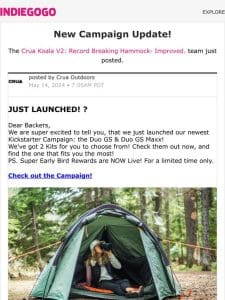 Update #56 from Crua Koala V2: Record Breaking Hammock- Improved.