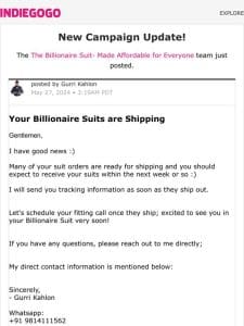 Update #87 from The Billionaire Suit- Made Affordable for Everyone