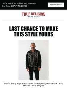 ⌛ Last chance to get 15% off the Men’s Jimmy Rope Stitch Denim Jacket | Body Rinse Black | Size Medium | True Religion! ⌛