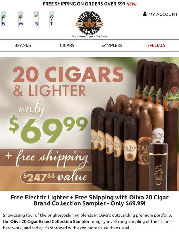 ⚡ Free Electric Lighter + Free Shipping with Oliva 20 Cigar Brand Collection Sampler ⚡
