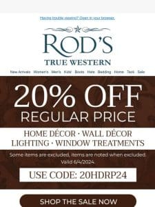 20% Off Regular Price Home Décor， Wall Décor， Lighting and Window Treatments