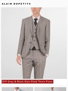 $49 Dark Grey 2-Button | $59 Ether 3-Piece | $59 Black & White Seersucker | $79 Grey & Black Glen Plaid 3-Piece