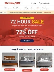 72 hours only: Up to 72% off top mattress brands