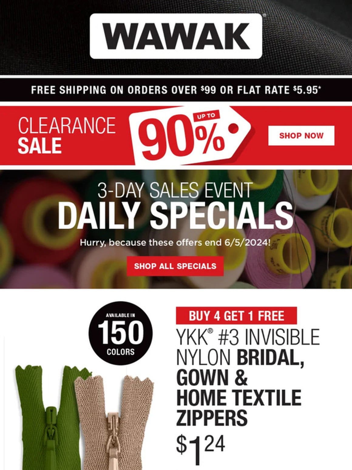 Act Now! 3-Day SALES EVENT! Buy 4 Get 1 Free – YKK® #3 Invisible Nylon Bridal， Gown & Home Textile Zippers & More!