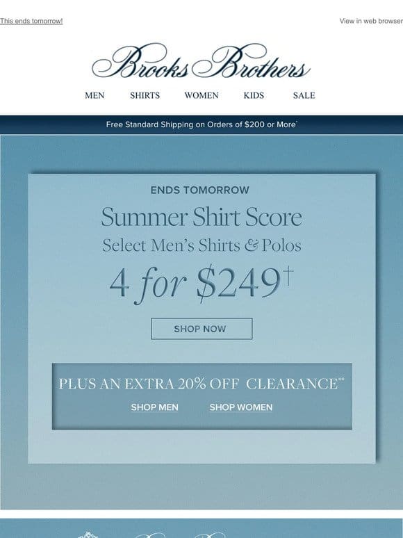 Almost over: 4 shirts for $249 + extra 20% off clearance