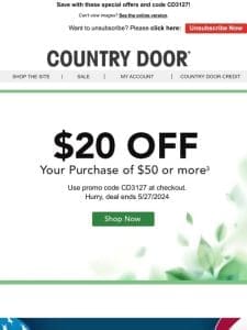 DOUBLE DEAL: $20 Off $50 plus Memorial Day Sale!