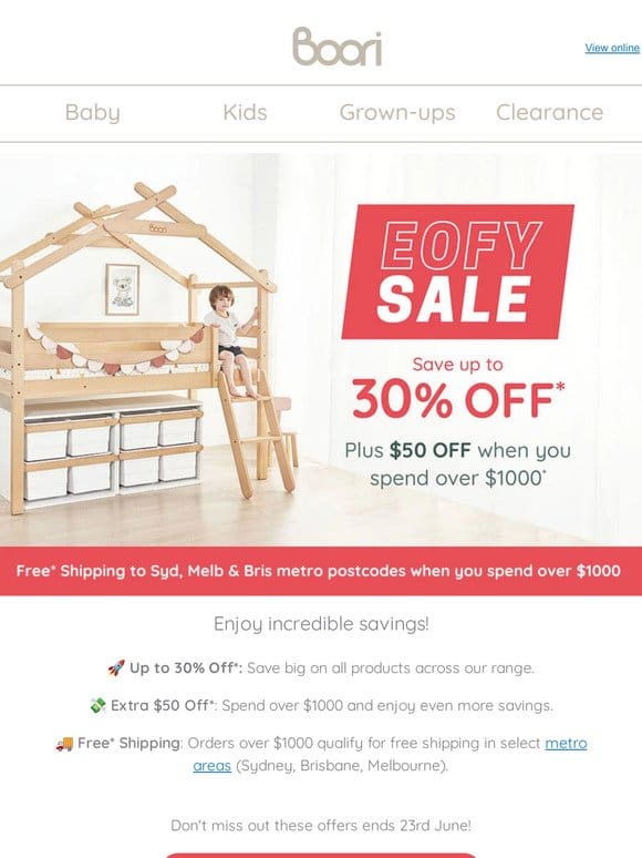 EOFY Sale – Up to 30% Off* + Extra $50 Off when you spend over $1000+