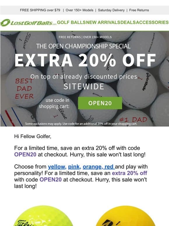 Extra 20% Off All Colored Golf Balls Sitewide