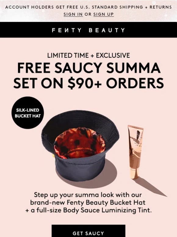 Free Fenty Beauty Bucket Hat + Body Sauce Luminizing Tint