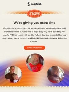 Get Dad’s song on time + save $25