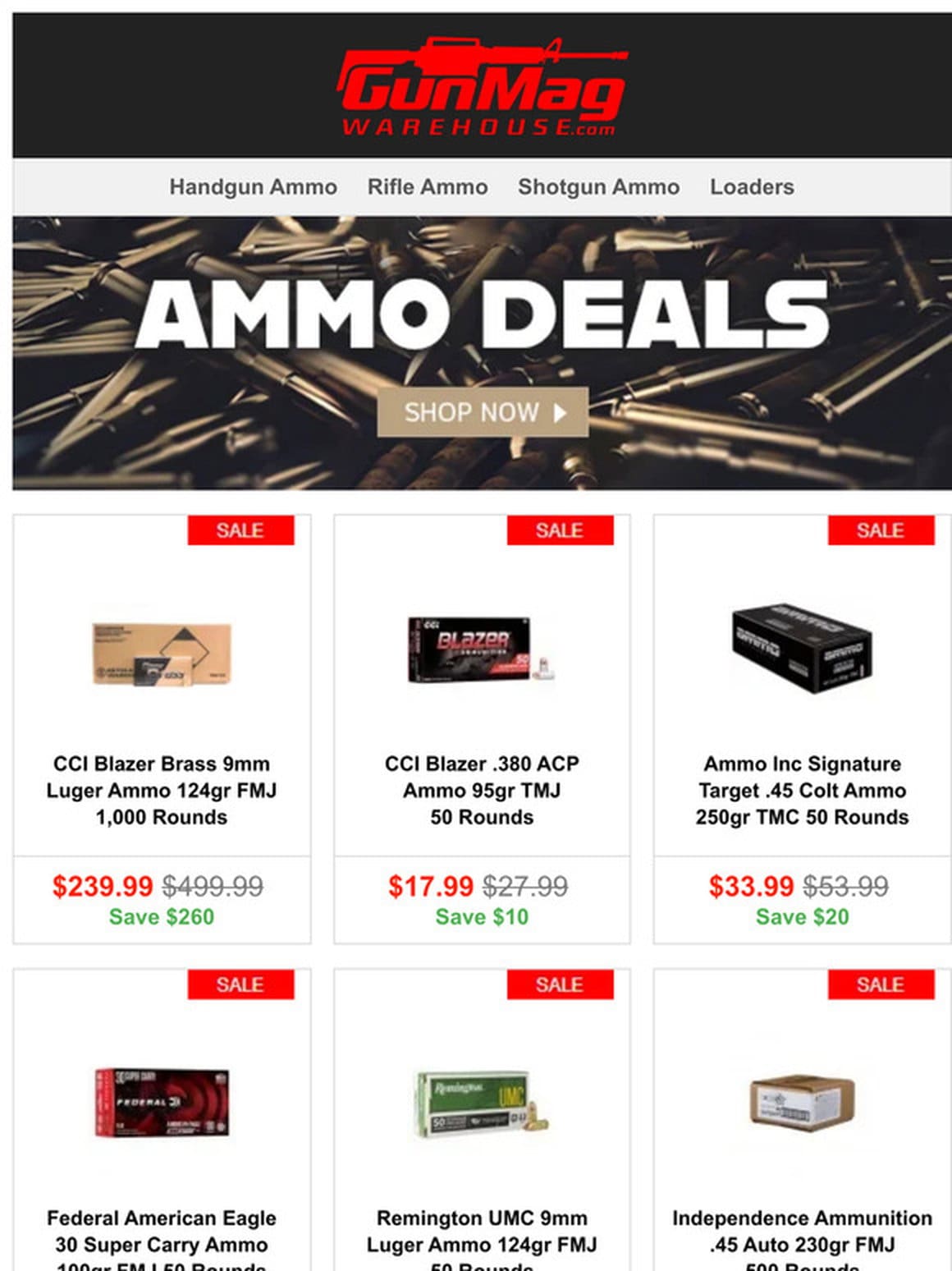 Handgun Ammo In All Calibers! | CCI Blazer Brass 9mm 124gr 1，000rd Case for $240