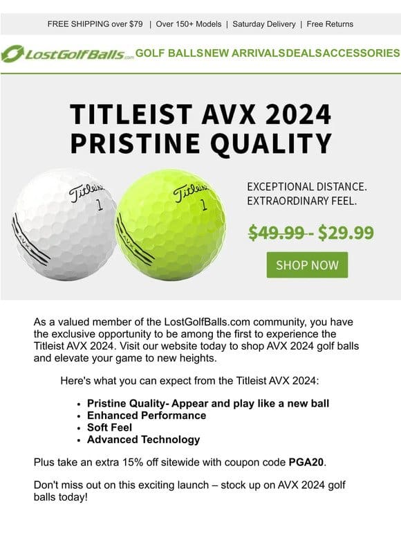 Introducing the Titleist AVX 2024: Now Available for $29.99/dozen