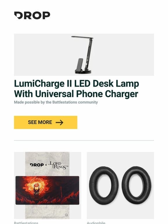 LumiCharge II LED Desk Lamp With Universal Phone Charger， Drop + The Lord of the Rings™ Barad-dûr™ Desk Mat， Drop Earpads for HD 6XX & 58X and more…