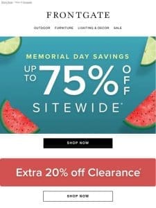 Memorial Day Savings start now! Up to 75% off sitewide， including extra 20% off clearance.