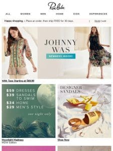 NEW Johnny Was with Tops Starting at $69.99 ? $59 Dresses， $39 Sandals to Swim， $34 Home， & $29 Men’s Style for One Night Only