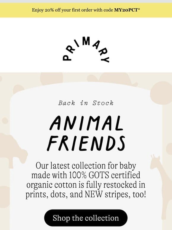 RESTOCKED! Bestselling Animal Friends organic shorties & footies are back