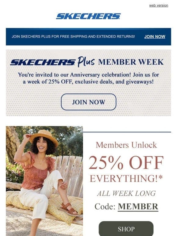 Skechers Plus Member Week is here! Join now to get access to exclusive savings and more.