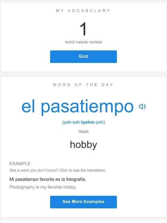 SpanishDictionary.com Daily Lesson — Review Your Words and Learn “el pasatiempo”