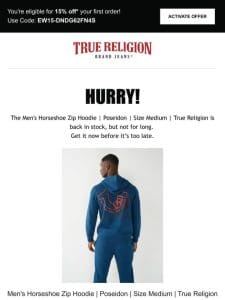 The Men’s Horseshoe Zip Hoodie | Poseidon | Size Medium | True Religion is back! Limited quantity!