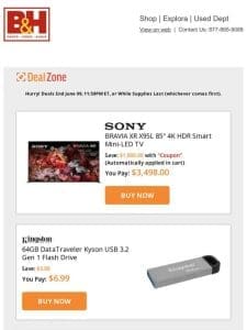 Today’s Deals: Sony 85″ 4K HDR Smart Mini-LED TV， Kingston 64GB DataTraveler Kyson USB 3.2 Gen 1 Flash Drive， Xcellon Mighty Mini 3-Port 65W GaN USB Chargers & PortaBrace Hip-Pack Lens Case