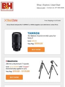 Today’s Deals: Tamron 70-180mm f/2.8 Lens for Sony E， Manfrotto 290 Xtra Aluminum Tripods， PortaBrace Grip Gear Duffel， Inovativ Pro Monitor Mount & More