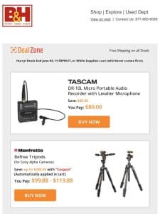 Today’s Deals: Tascam Micro Portable Audio Recorder w/ Lav Mic， Manfrotto Befree Tripods， Delkin Devices Fat Gecko Triple Mount， Nanuk 935 Wheeled Waterproof Hard Cases & More