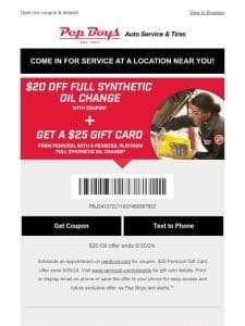 Up to $20 OFF on an Oil change + $25 Gift Card