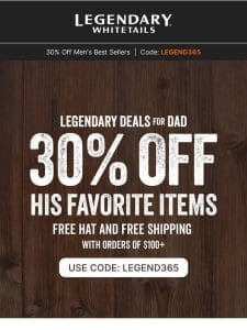 Valued Customer， Celebrate Dad on His Day: 30% OFF + Free Hat & Shipping on $100+ Orders!