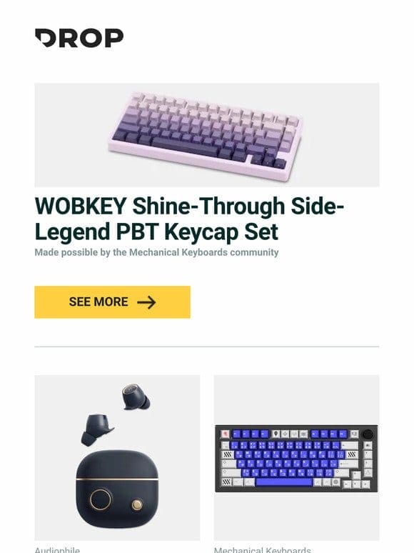 WOBKEY Shine-Through Side-Legend PBT Keycap Set， Edifier TO-U2 Uni-Buds True Wireless Earbuds， Drop + FU11.META1 GMK Mecha-00 Keycap Set and more…