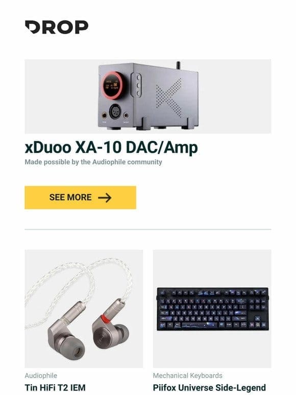 xDuoo XA-10 DAC/Amp， Tin HiFi T2 IEM， Piifox Universe Side-Legend PBT Keycap Set and more…
